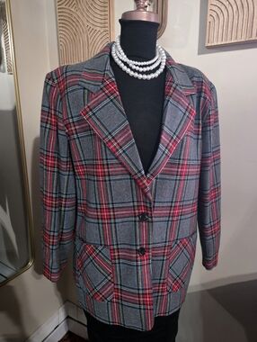 Vintage Gray & Red Tartan Plaid Blazer